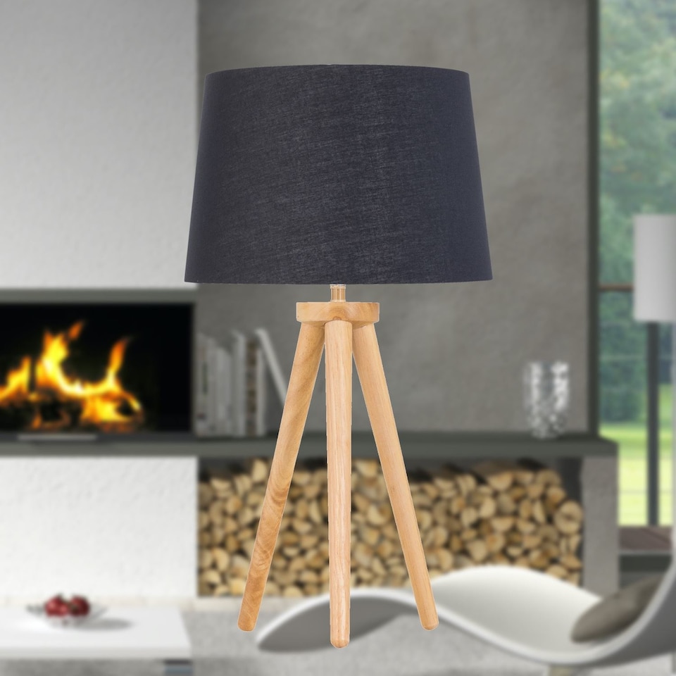 image 1 of Voyage - Light Oak Table Lamp or Bedside Light with Black & Gold Shade | Brown | Black | Large | 1