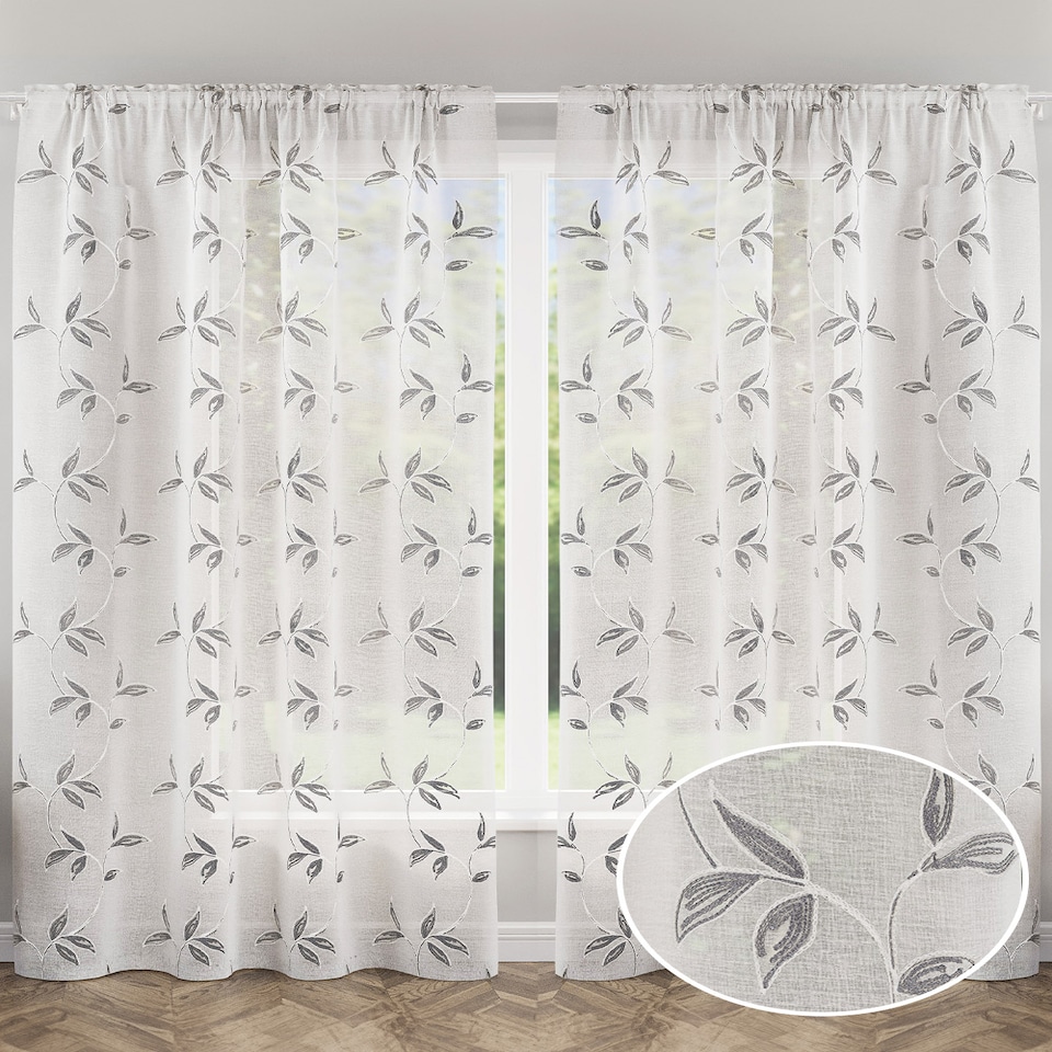 image 1 of Oasis Grey Embroidered Leaf Design Voile Panels - Pair 140 x 183cm (55x72")