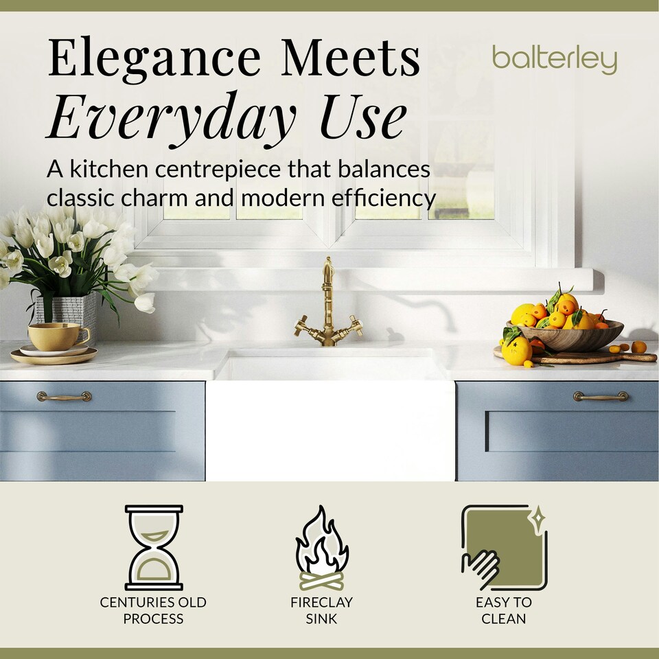 image 1 of Fireclay Kitchen Bundle - Single Bowl Belfast Sink, Strainer Waste & French Classic Tap, 595mm - Brushed Brass - Balterley