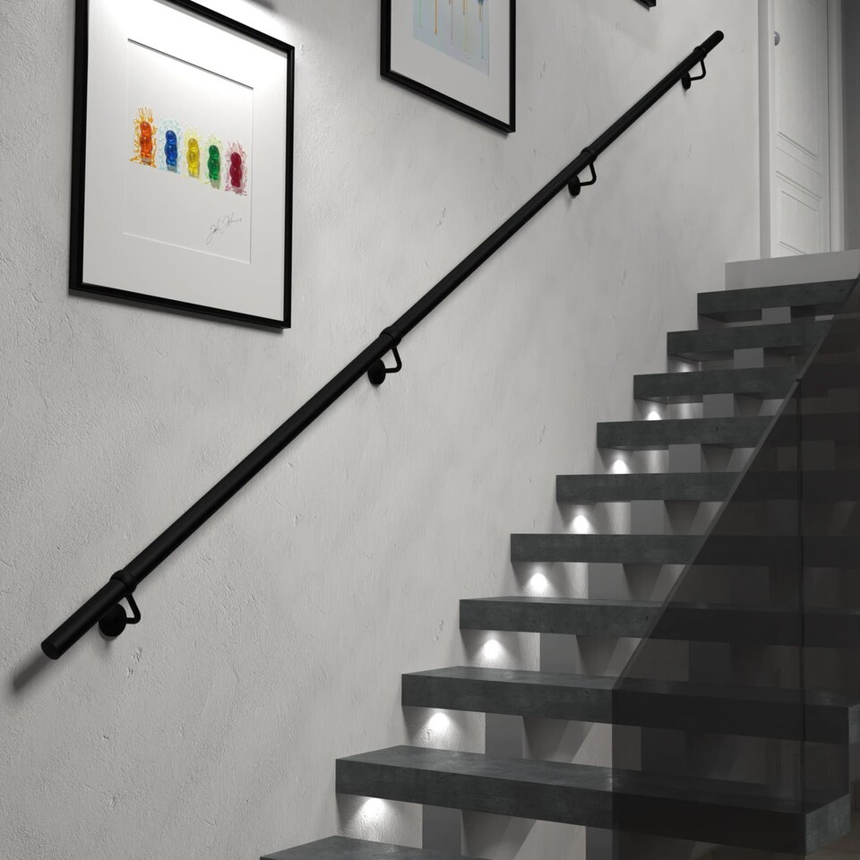 image 1 of Stiley Living 3.6m Matt Black Wall-Mounted Stair Handrail Kit with Brackets & Fixings