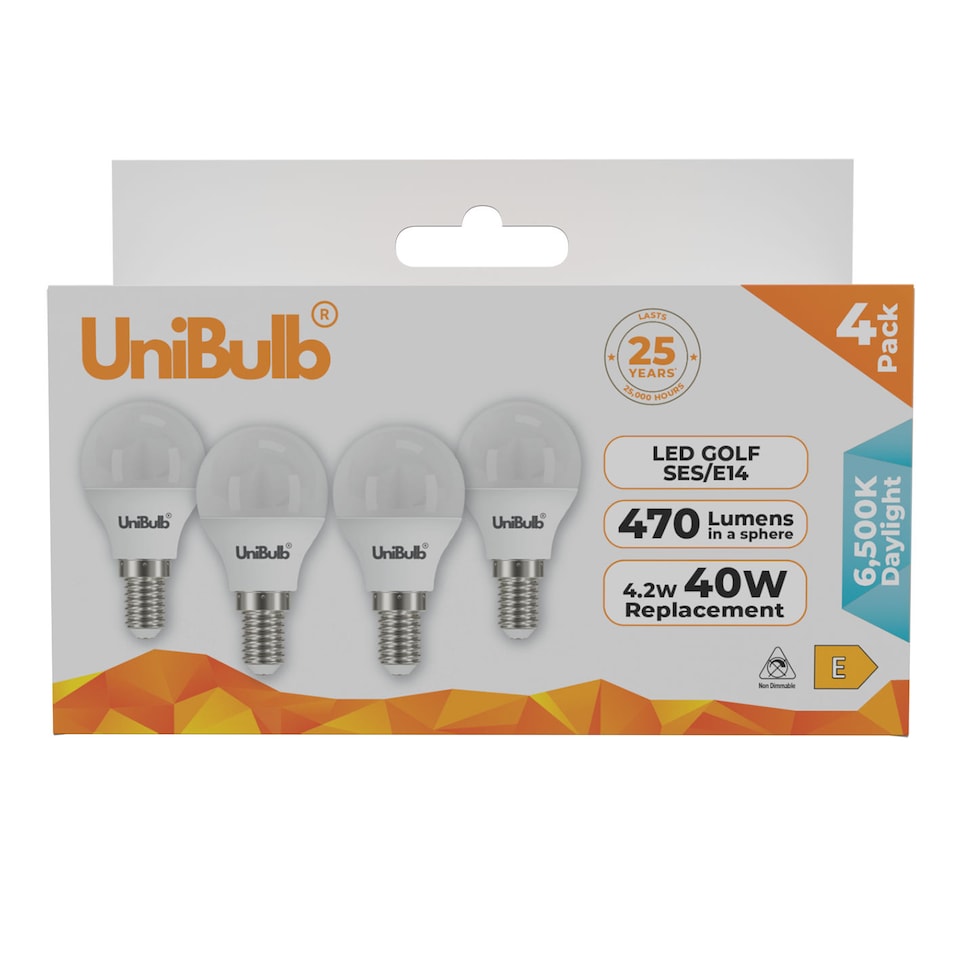 image 1 of UniBulb LED Golf Ball E14 Small Edison Screw (SES) 470lm 4.2W (Replaces 40W) 6500K (Daylight) Light Bulb - Pack of 4 | White | Daylight | 4