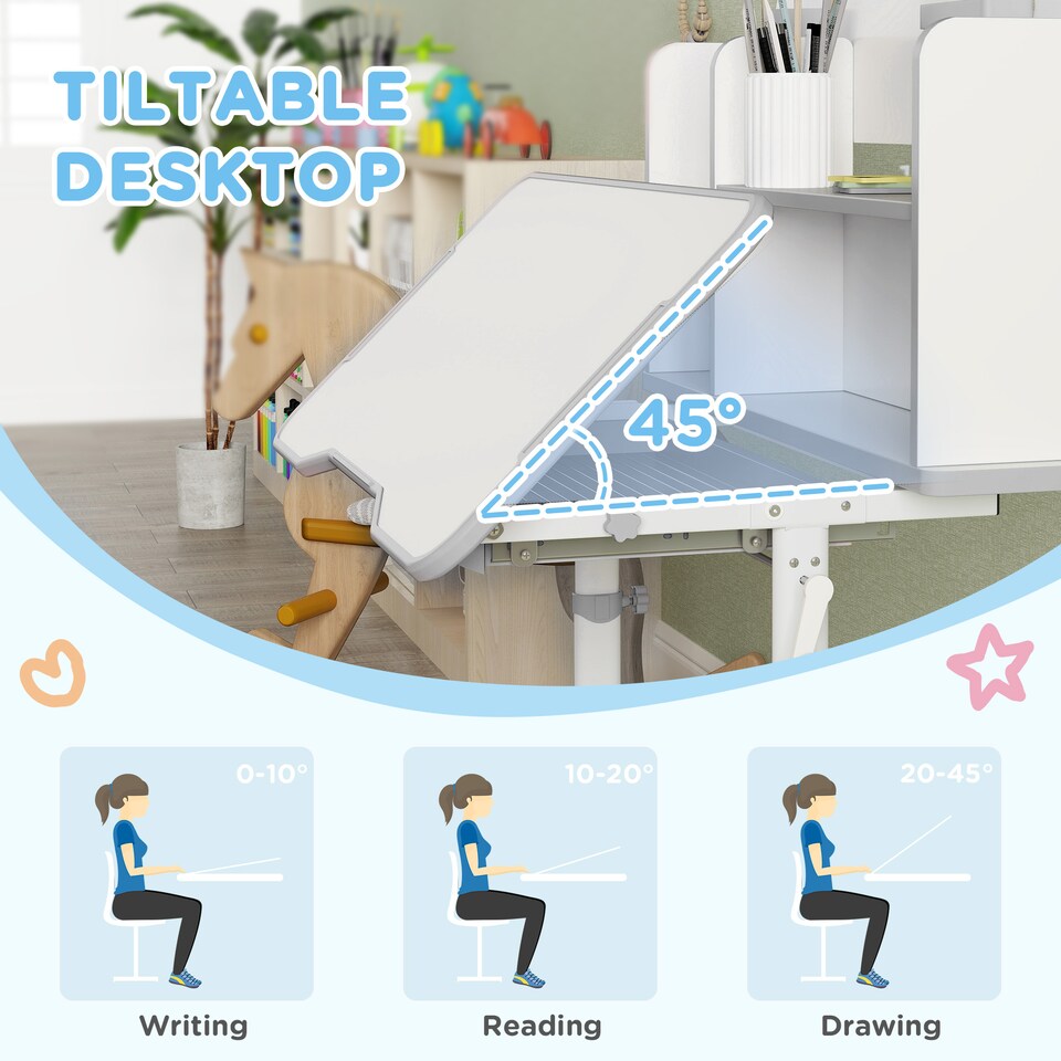 image 1 of AIYAPLAY Kids Desk and Chair Set w/ Tiltable Desktop, Reading Rack, Grey