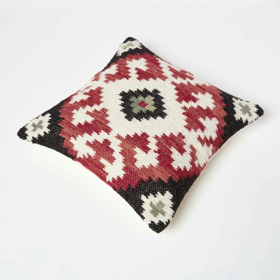 image 1 of Homescapes Tawa Handwoven Traditional Red & Black Kilim Cushion - 45 x 45 cm Red