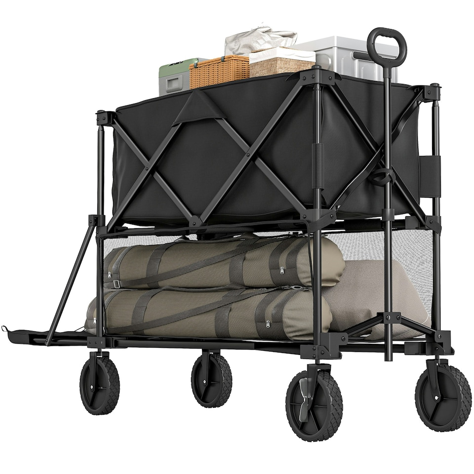 image 1 of Outsunny Double Decker Folding Trolley Cart on Wheels, 200KG Capacity Black