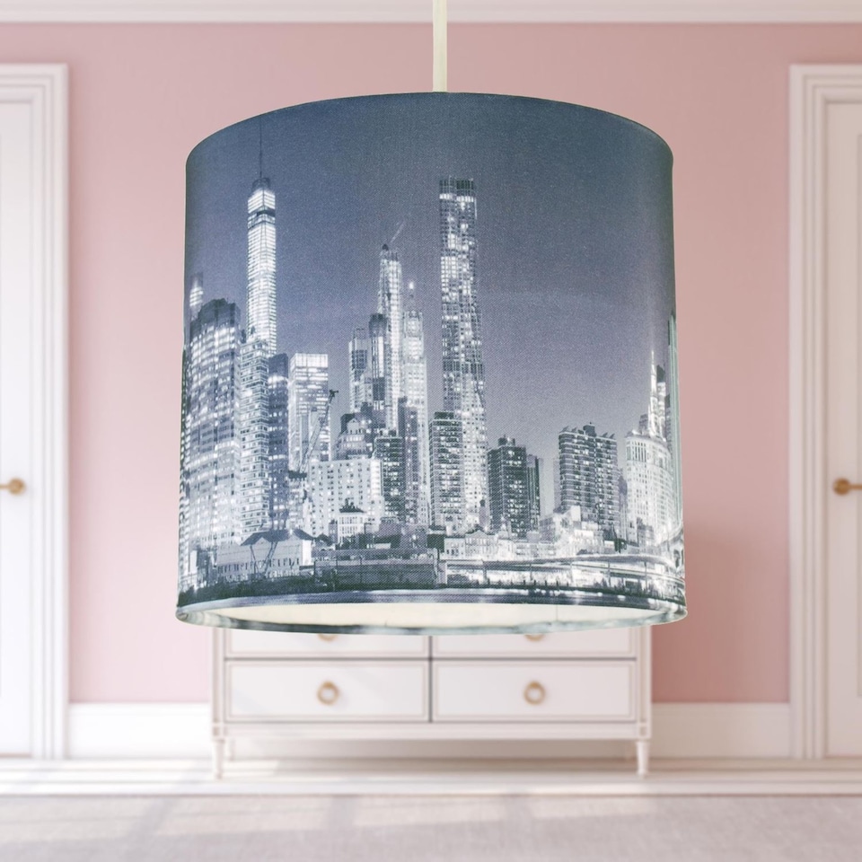 image 1 of 20cm Lamp Shade Ceiling Light Digital Printed Fabric New York Skyline At Night | Blue | Medium | 1