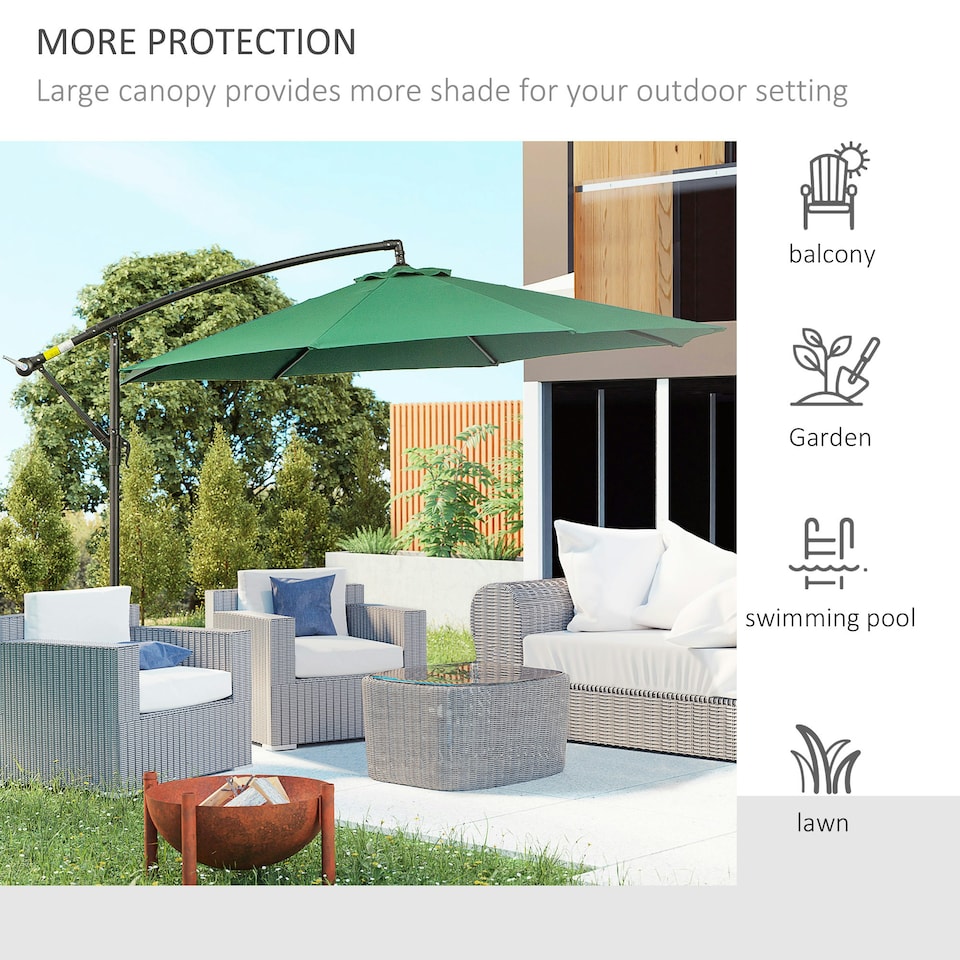 image 1 of Outsunny 3(m) Garden Banana Parasol Cantilever Umbrella, Dark Green