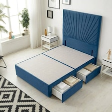 Sunburst Divan Bed with 2 Drawers & 54'' Floor Standing Headboard Plush Velvet | Blue | Navy