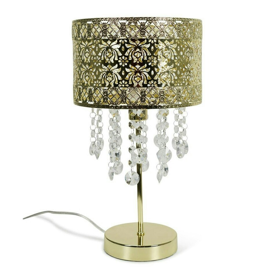 image 1 of ValueLights Enna Gold Moroccan Style Bedside Table Lamp with Acrylic Jewel Droplet Drum Lampshade - Bulb Included