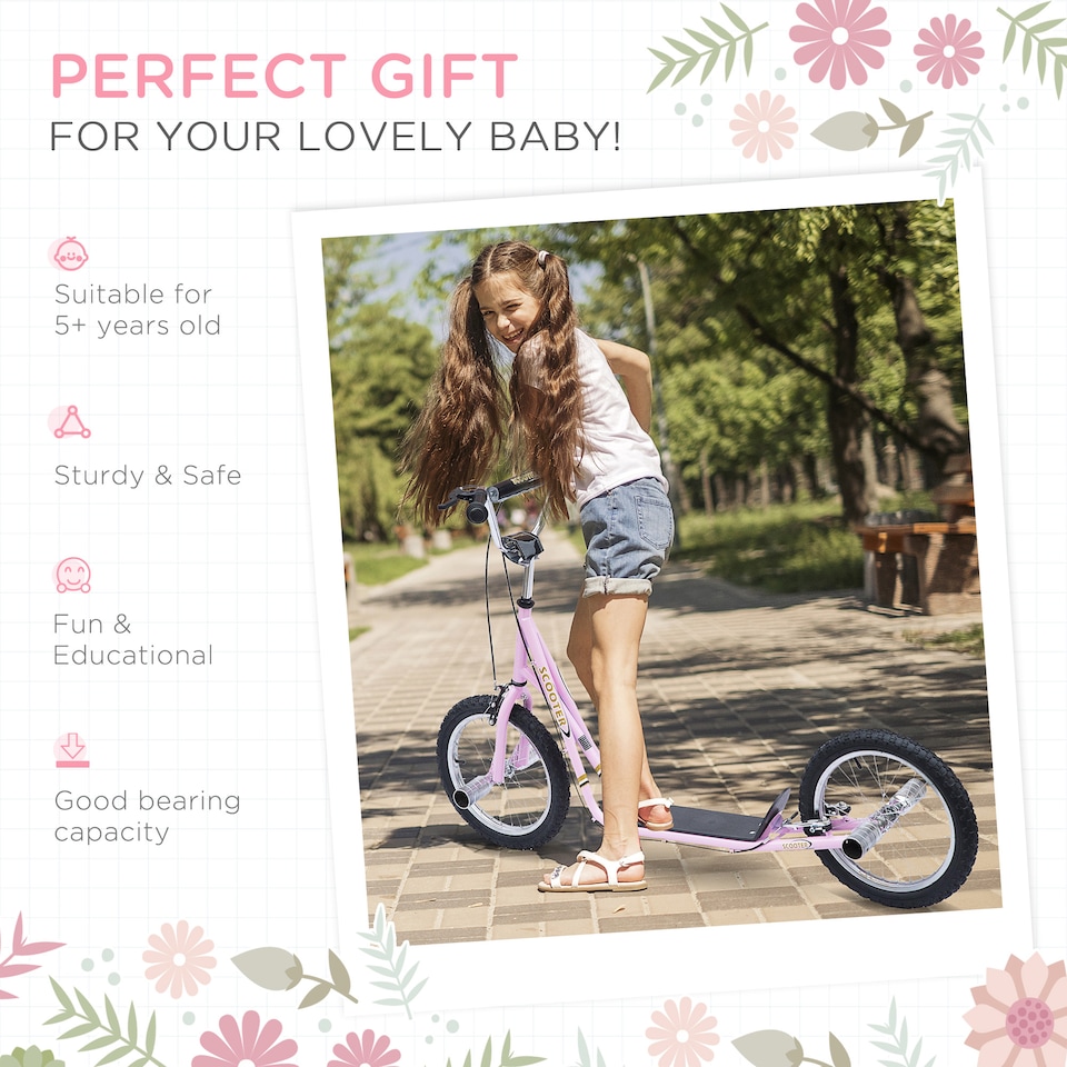 image 1 of HOMCOM Stunt Scooter, Kids Scooter with Big Wheels, Adjustable Height, Dual Brakes, for Ages 5+ Years | Pink