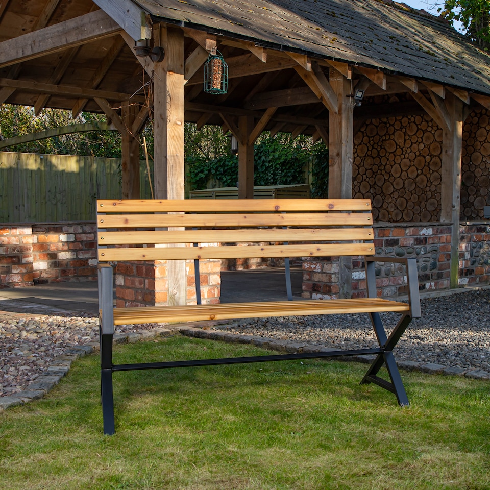 image 1 of Kendal 2 Person Outdoor Modern Cross Design Metal Wooden Garden Patio Bench
