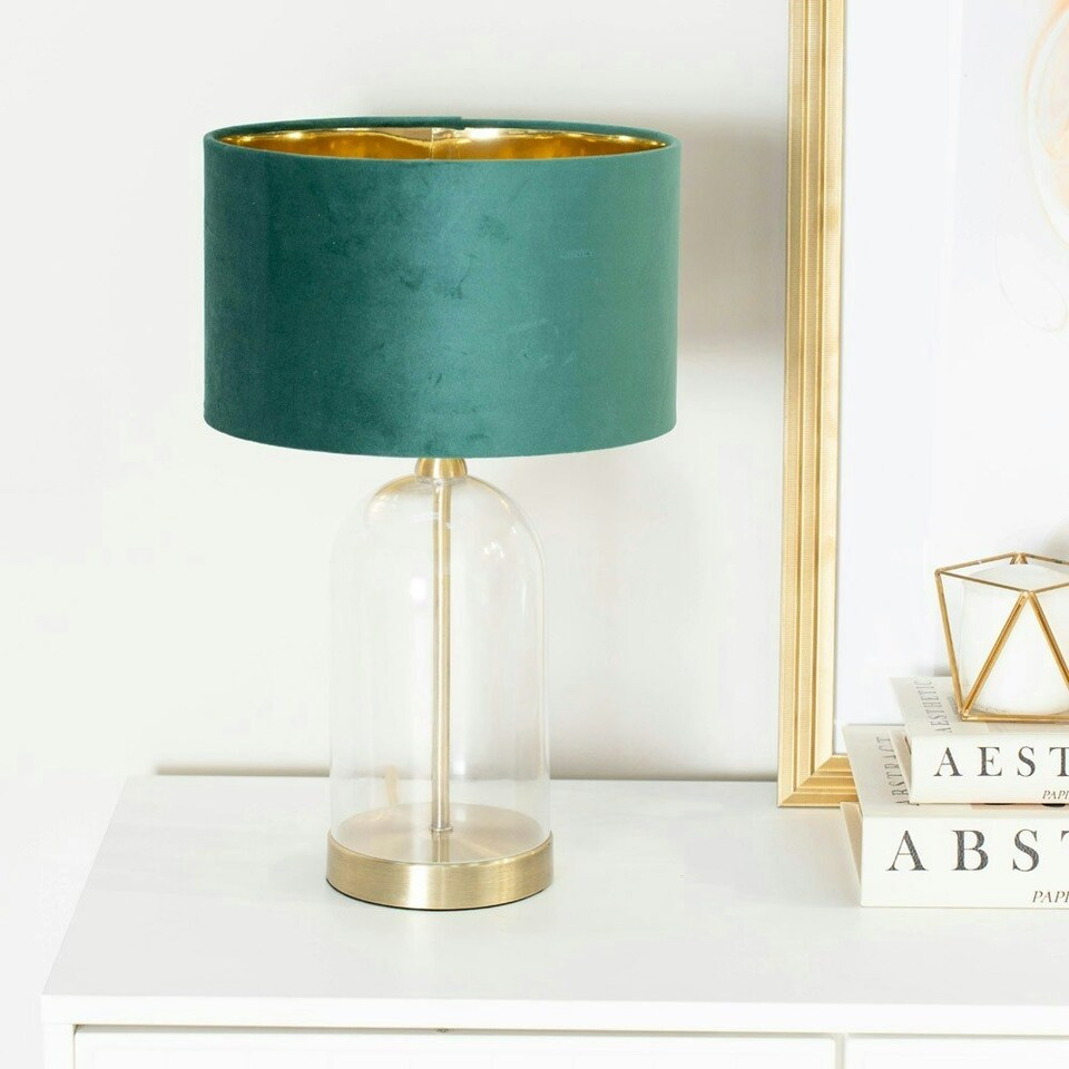 image 1 of ValueLights Jessy Glass with Gold Trim Table Lamp with Forest Green Velvet with Gold Inner Lamp Shade Green