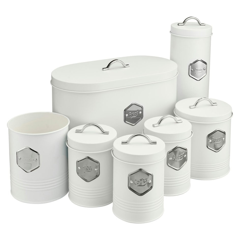 image 1 of Cooks Professional 7-Piece Kitchen Storage Set | Tea Coffee Sugar Bread Biscuit Pasta & Utensil Cannisters | White & Silver