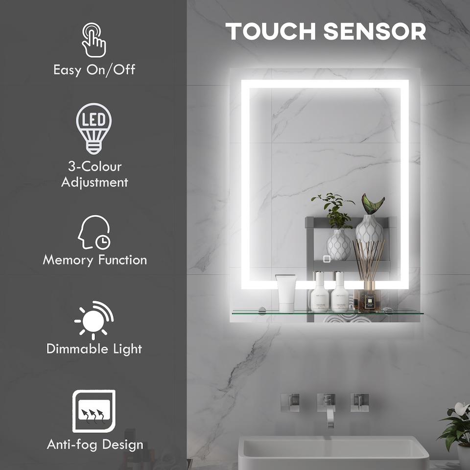 image 1 of kleankin Dimmable Bathroom Mirror with Defogging Film and LED Lights, Clear