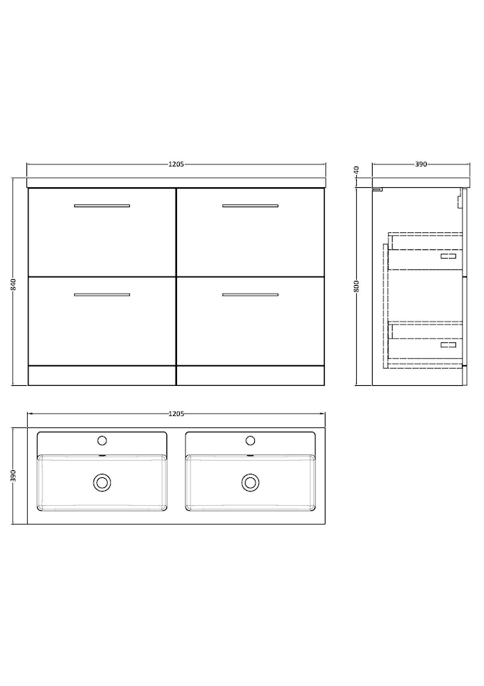 image 1 of Balterley Level Floor Standing 4 Drawer Vanity Unit with Double Basin, Handles & Overflow for Bathroom Storage | White | Gloss White | 840 x 1205 x 383mm