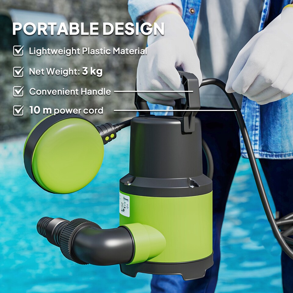 image 1 of Outsunny 400W Submersible Water Pump for Dirty or Clean Water, Electric Sump Pump with Float Switch, Drain Water from Garden Pond, Hot Tub, Ditches, Portable and Lightweight | Green