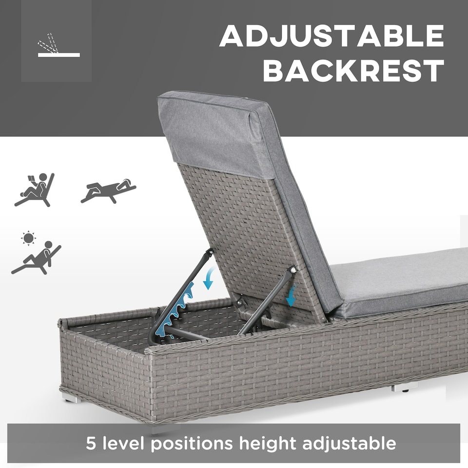 image 1 of Outsunny 3 Pieces Rattan Sun Lounger Set with Aluminium Frame, 5-Position Adjustable Reclining Garden Chairs and Glass Top Table, Wicker Garden Furniture Daybed with Cushions for Patio, Grey