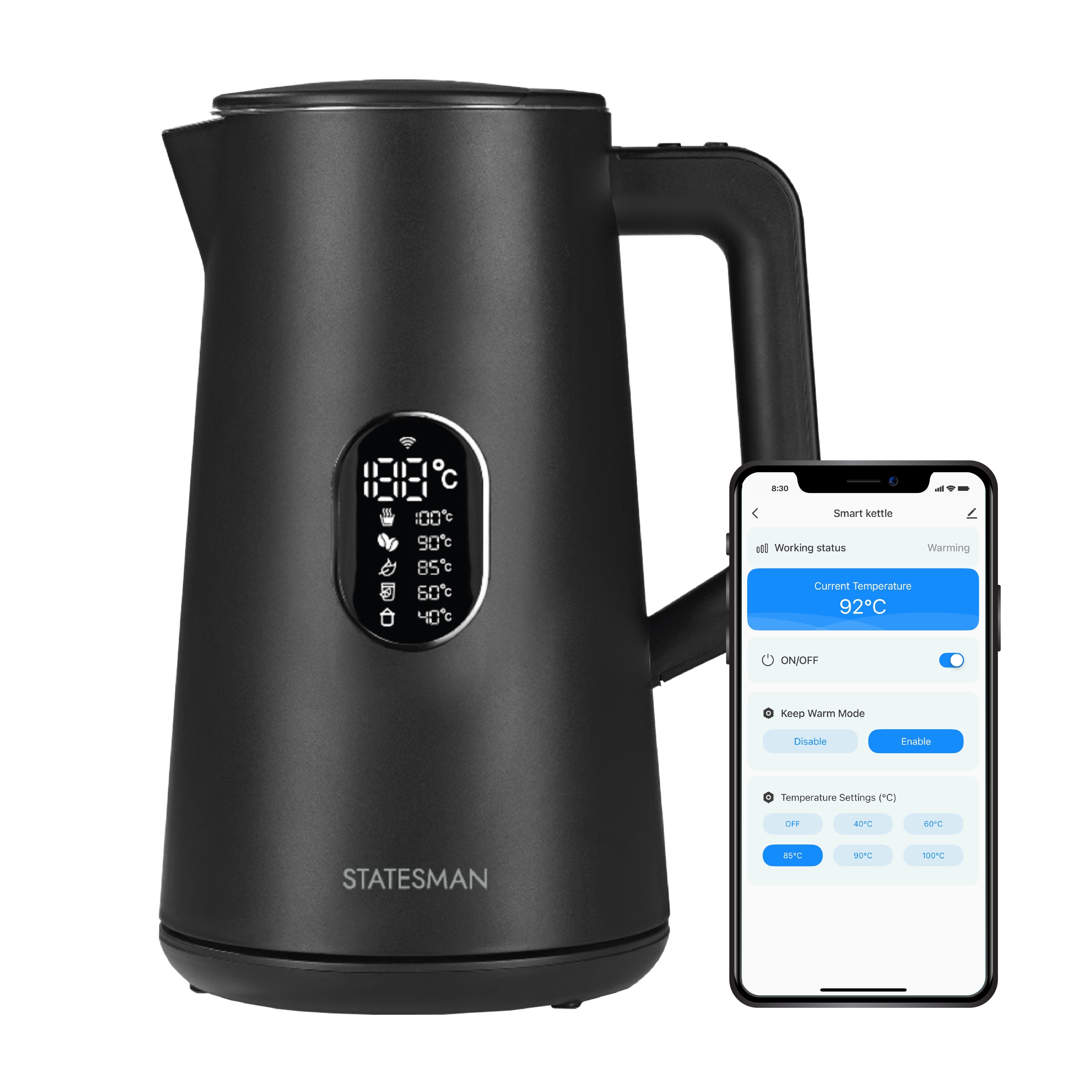 Statesman 1.5L Smart Digital Kettle, 1800W Fast Boil, Temperature Control with Display, 5 Preset Settings, 2-Hour Keep Warm, App & Alexa Control, 360 Cordless Base, Boil Dry Protection
