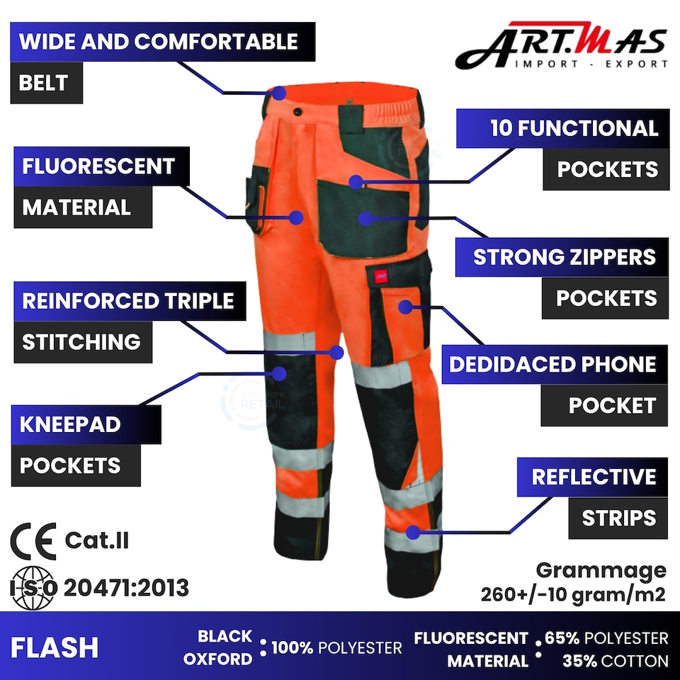 image 1 of Artmas Flash Class 2 Orange Work Trousers, Reflective Tape, Knee Pad Pockets, 260gsm (30/32 Inch - 48 EU)