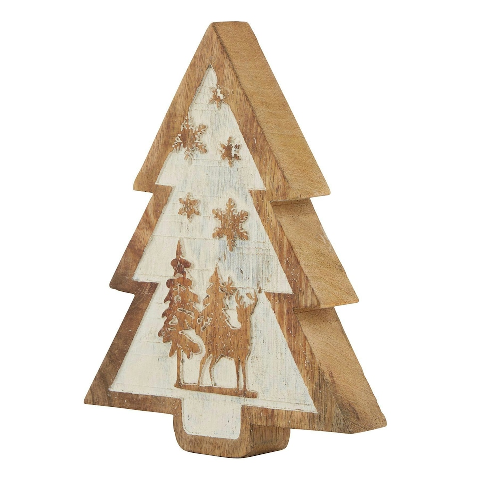 Hill Interiors Wooden Deer Snow Scene Tree Decoration - Brown/White - One Size
