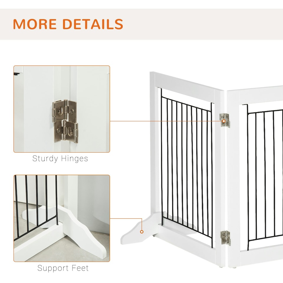 image 1 of PawHut Foldable Wooden Pet Gate w/ 3 Panels 2 Support Feet for Small Dogs White