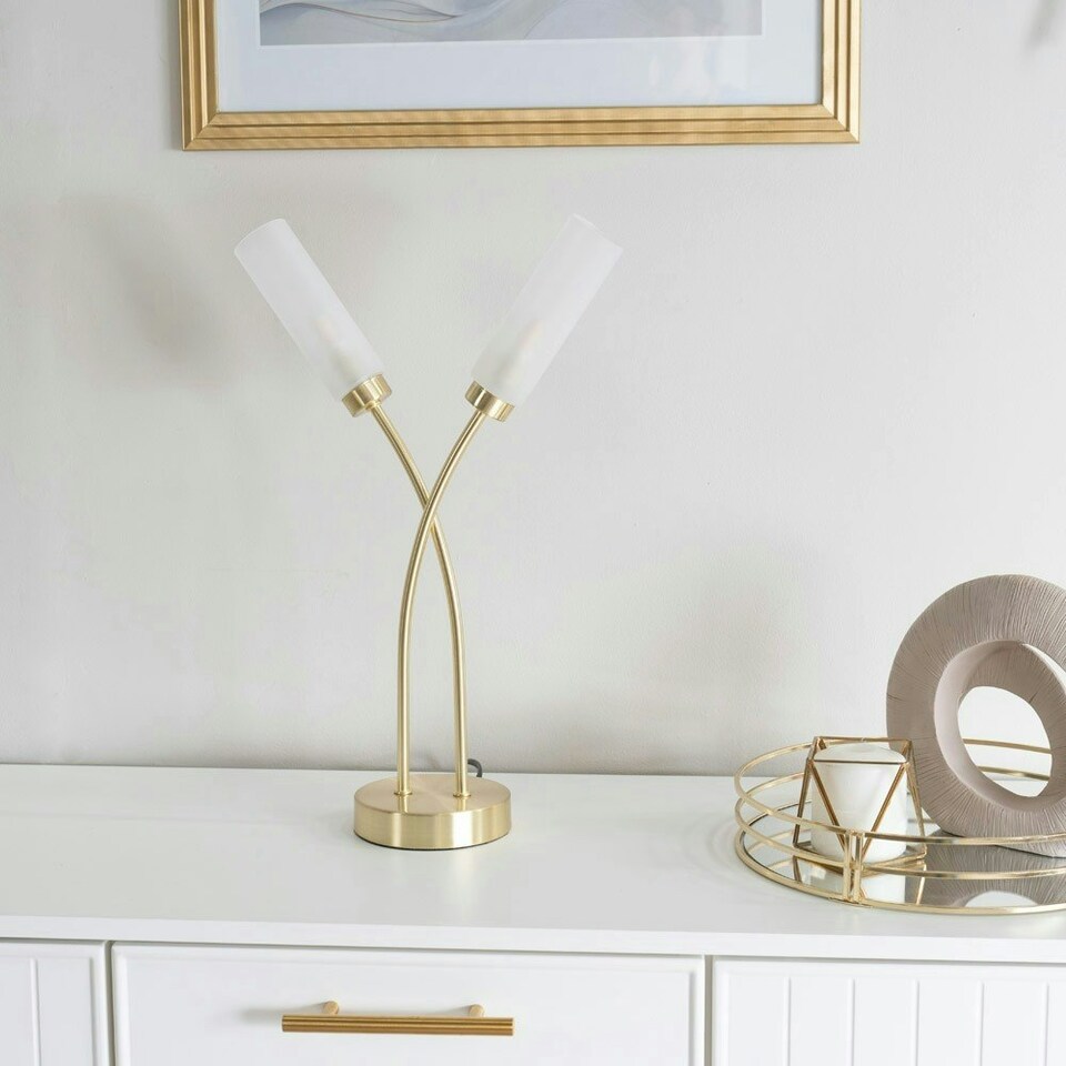 image 1 of ValueLights Maya Brushed Gold 2 Way Curved Cross Over Reed Shaded Table Lamp