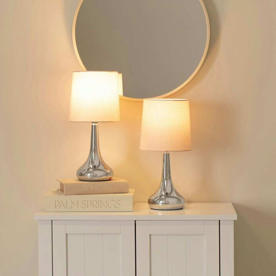 image 1 of ValueLights Teardrop Pair of Chrome Touch Table Lamps with Pink Shade