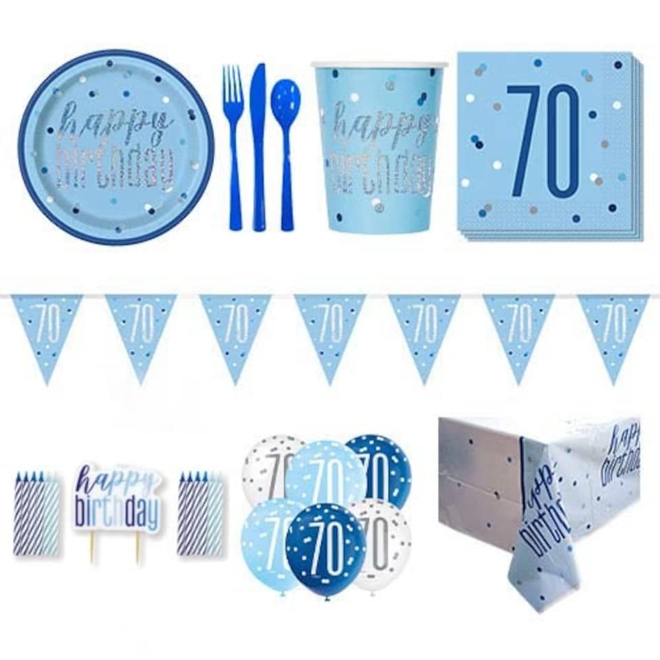 Blue Glitz 70th Birthday 8 Person Deluxe Party Pack