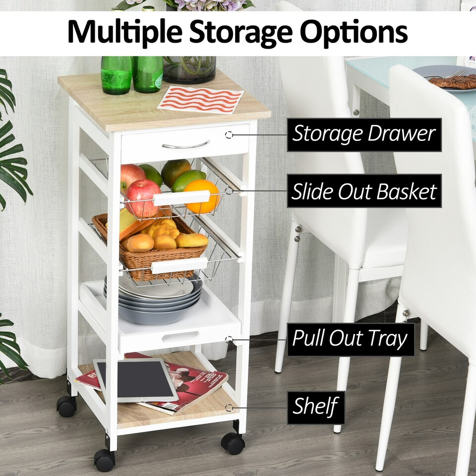 image 1 of HOMCOM Mobile Rolling Kitchen Island Trolley for Home Metal Baskets Tray Shelves