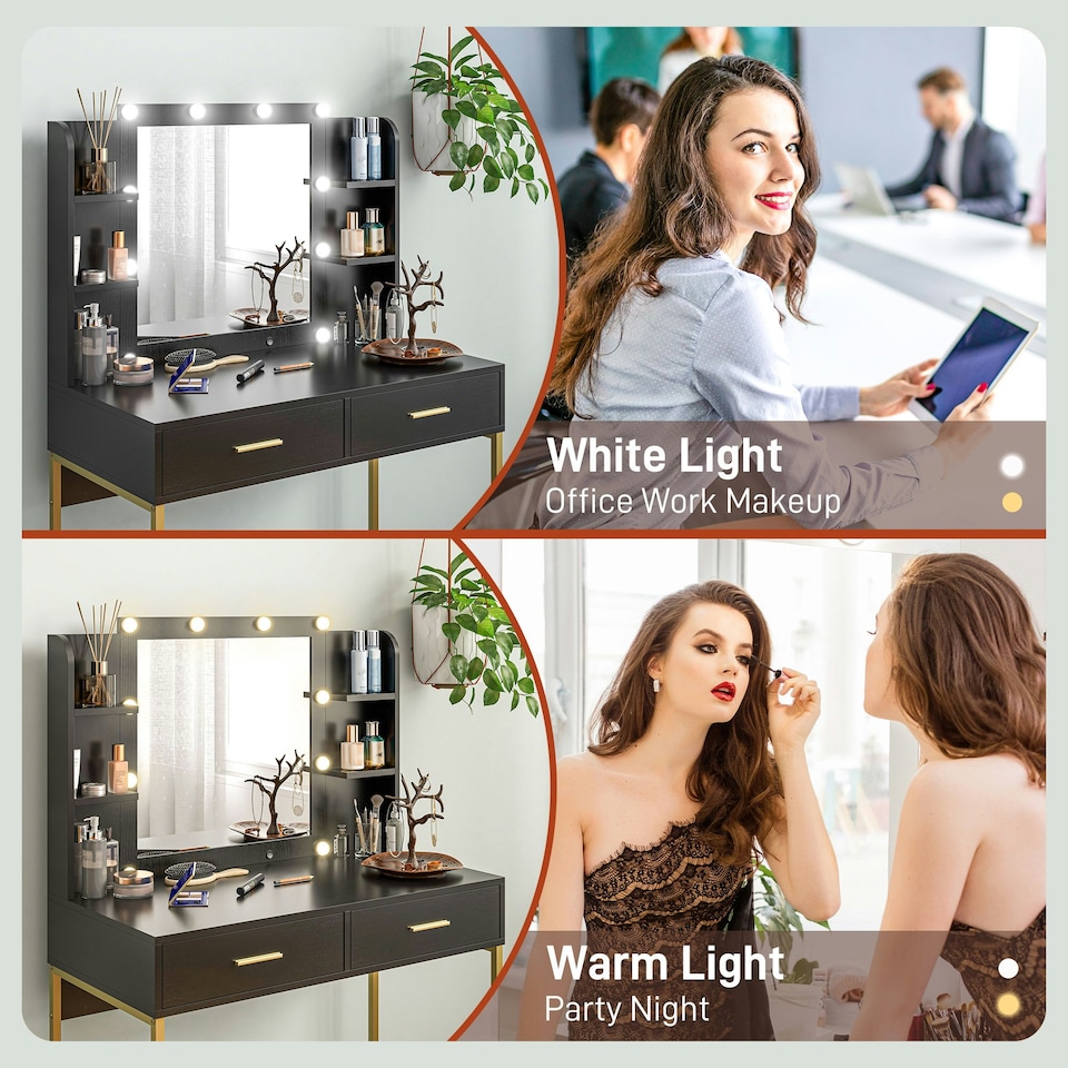 image 1 of HOMCOM Makeup Vanity Desk Set with Lighted Mirror, Stool, Black