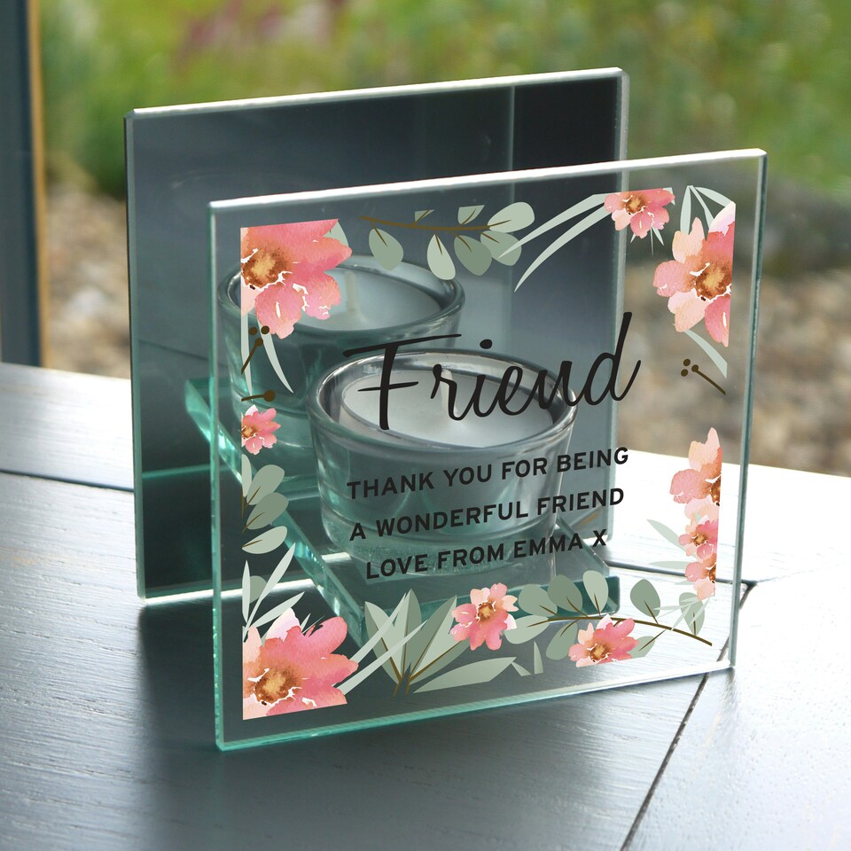 image 1 of Personalised Floral Sentimental Mirrored Glass Tea Light Candle Holder Clear