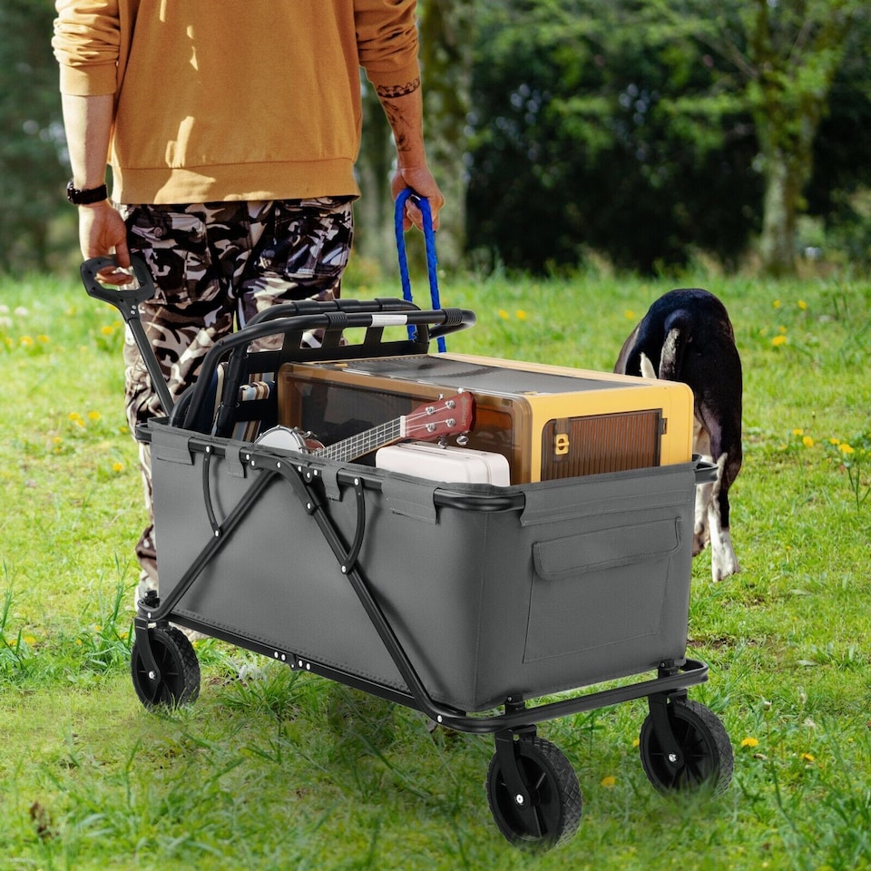 image 1 of COSTWAY Collapsible Foldable Wagon Heavy-Duty Wagon Cart w/ Adjustable Handlebar