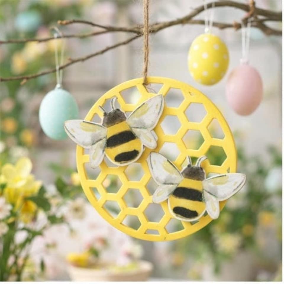 image 1 of Gisela Graham Wooden Bee & Honeycomb Hanging Decoration - Easter Tree Ornament