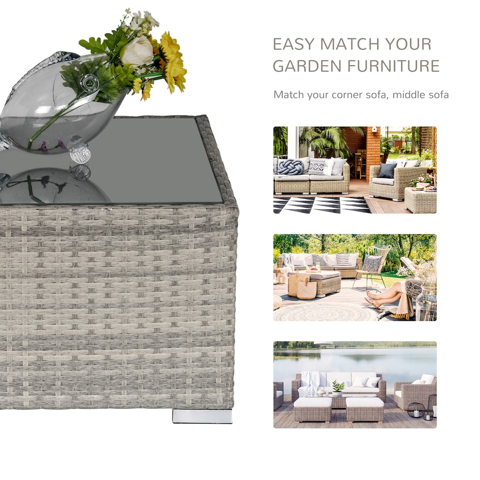 image 1 of Outsunny Rattan Garden Coffee Table, 65 cm Square Garden Rattan Table with Tempered Glass Top, All Weather Wicker Bistro Outdoor Furniture for Patio, Balcony, Porch, Grey