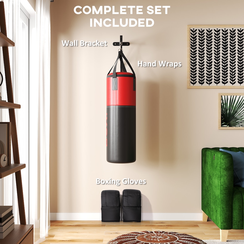 image 1 of SPORTNOW Unfilled Punch Bag with Boxing Gloves and Wall Mounted Bracket | Red | Black and Red