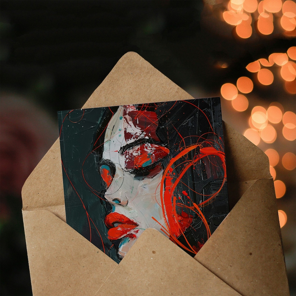 image 1 of Red Passion Woman Abstract Portrait Oil Painting Birthday Card