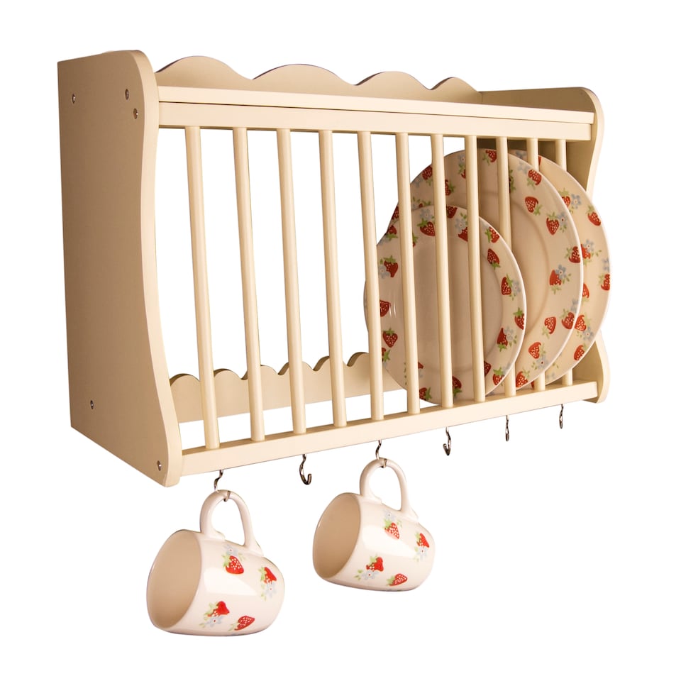 image 1 of Minack Buttermilk / Cream Wooden Kitchen Plate Rack, Shelf, Hooks, Wall mounted | Cream | Buttermilk