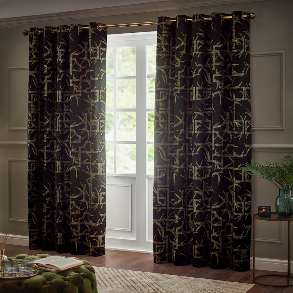image 1 of Paoletti Bamboo Fully Lined Jacquard Eyelet Curtain Pair, 229cm width x 229cm drop | Black | Black | 1