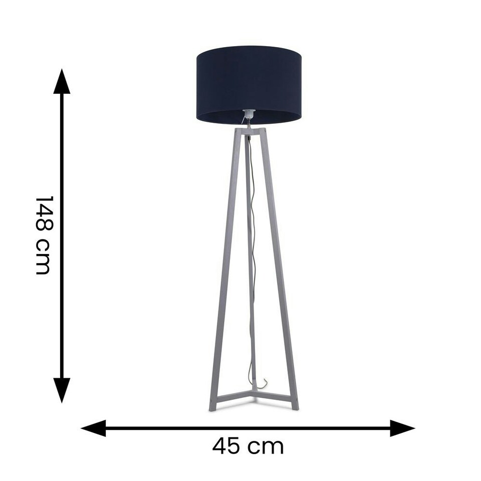 image 1 of ValueLights Lottie Grey Wood Tripod Floor Lamp with Navy Blue Fabric Drum Shade and LED Bulb