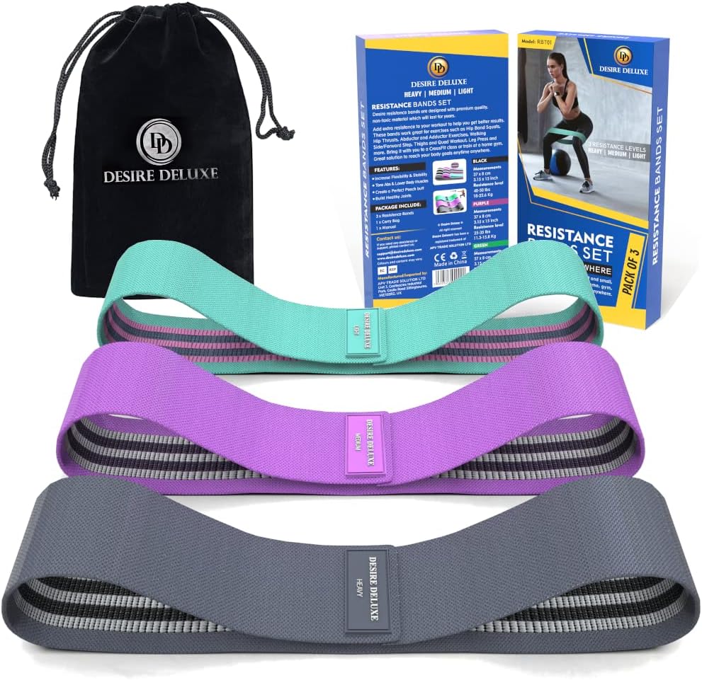 Desire Deluxe Resistance Bands Set for Men and Women, Premium Exercise Pack of 3 Different Resistance Levels Loops Band for Home, Gym, Long Exercise Workout – Great Fitness Equipment for Training