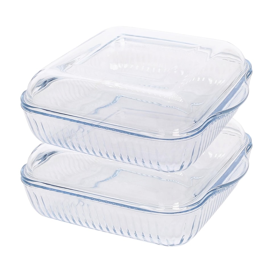 image 1 of Argon Tableware Optical Square Glass Oven Dishes with Lid - 24cm x 21cm - Pack of 2 | Clear | Clear | 24cm x 21cm