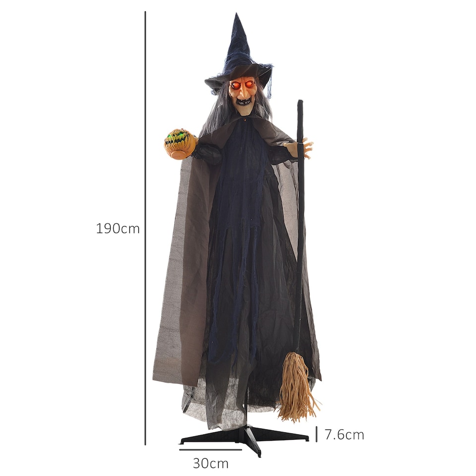 image 1 of HOMCOM Halloween Witch with Broomstick Animatronic Prop with Light Up Eyes
