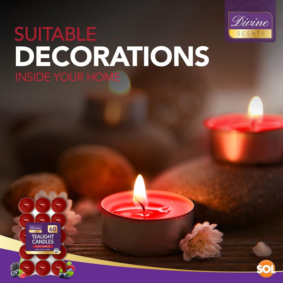 image 1 of 60pk Tea Light Candles Fresh Berries – 3.5 Hour Burn Time, Scented Tea Lights, Long-Lasting and Ideal for Home, Relaxation, Romantic Dinners, Weddings, Festive Decor, Cosy Evenings