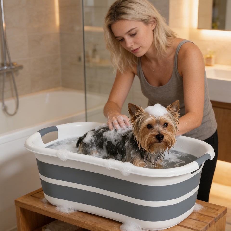 image 1 of PawHut 27L Dog Bath Tub Foldable Pet Bathtub with Drain Hole Grey | Grey | Grey, White | 66 x 44 x 25 cm
