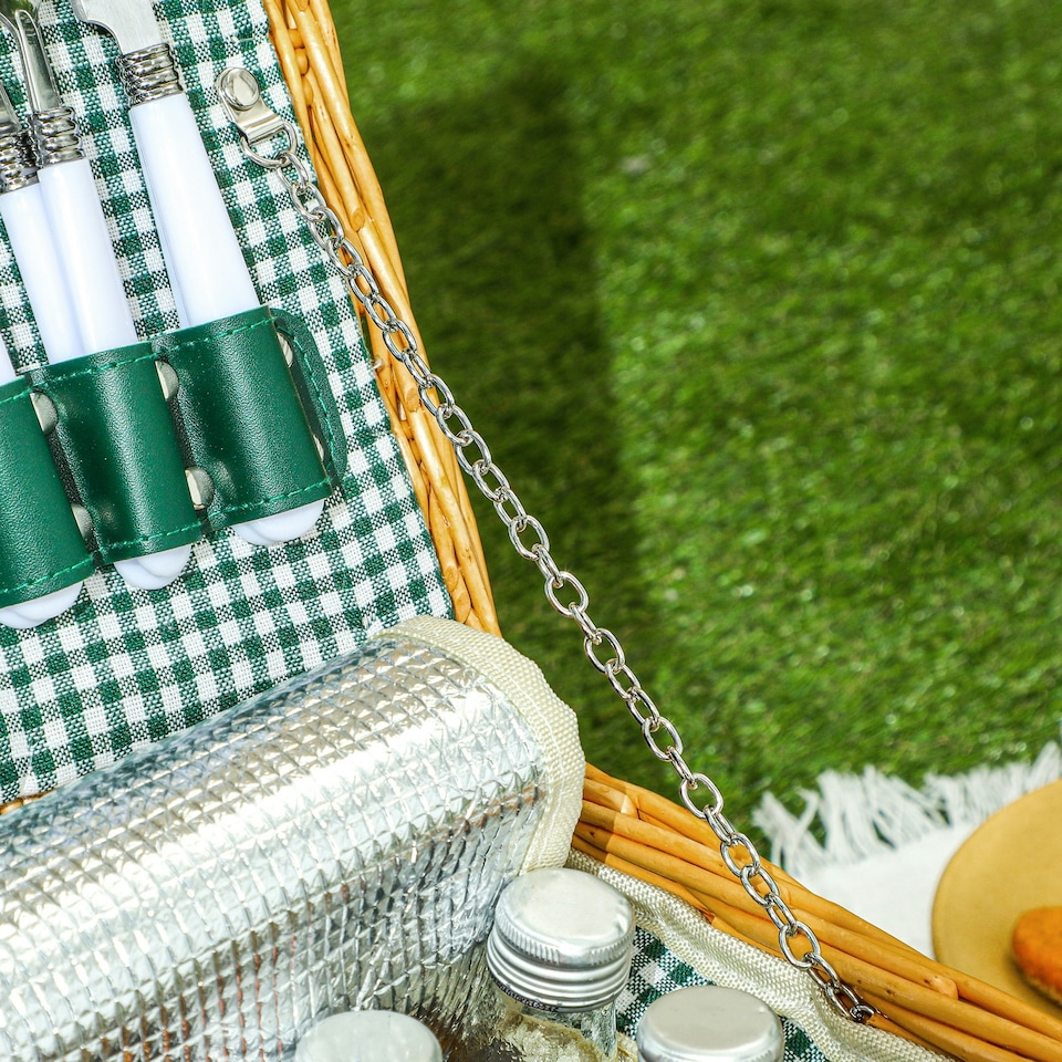 image 1 of Outsunny Wicker Picnic Basket for 2 w/ Insulated Cooler Bag, Light Brown