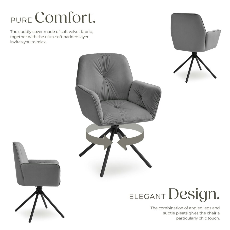 image 1 of Swivel Chair Lenia - upholstered, padded, 56.5 x 54 x 86 cm - Set of 2 Grey | Velvet Look Anthracite/Black