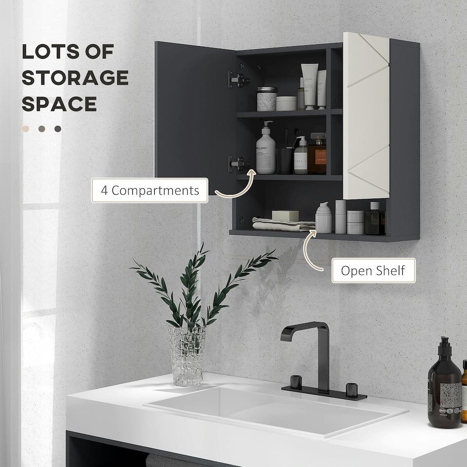 image 1 of kleankin Wall Mounted Bathroom Storage Cupboard W/ Mirror and Shelf, Light Grey