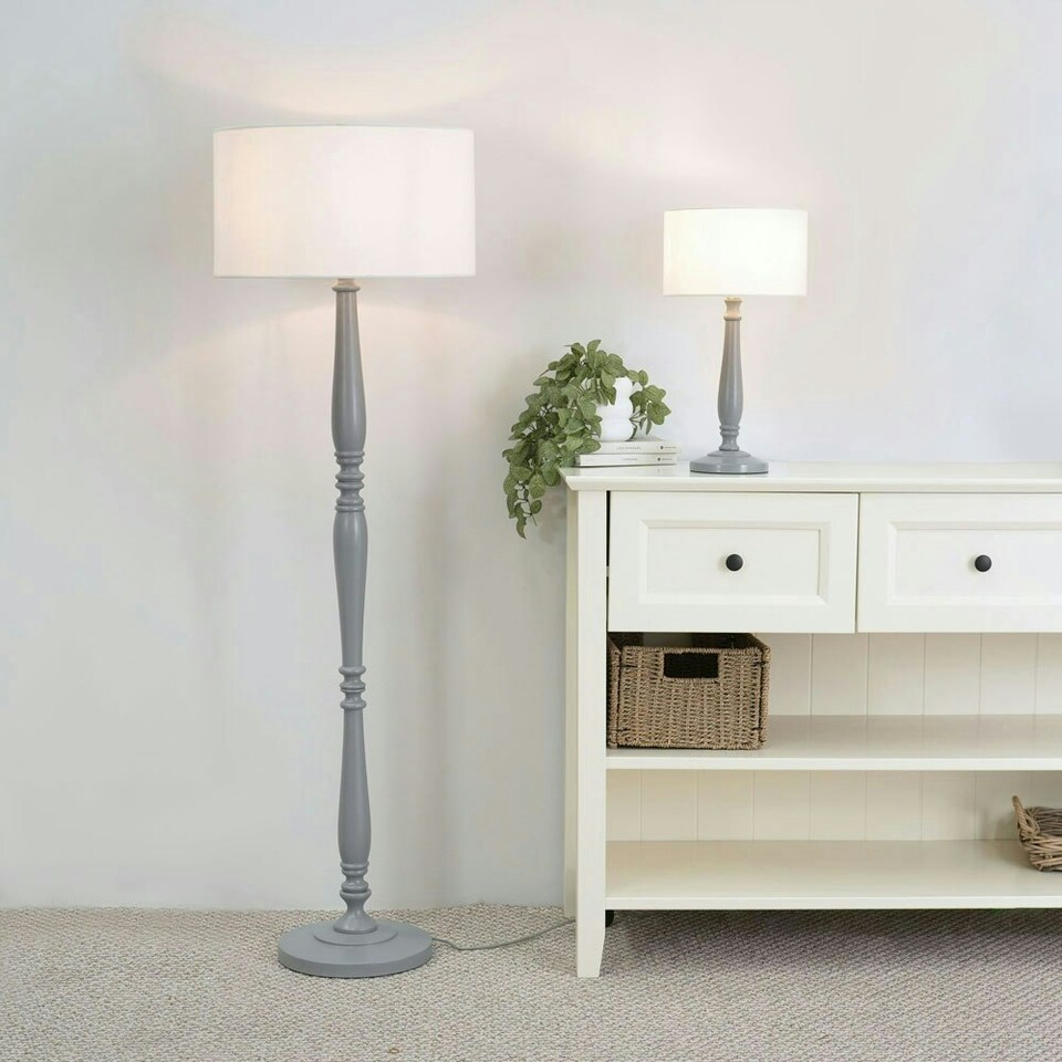 image 1 of ValueLights Victoria Grey Wood Traditional Stem Floor Lamp with White Fabric Drum Shade