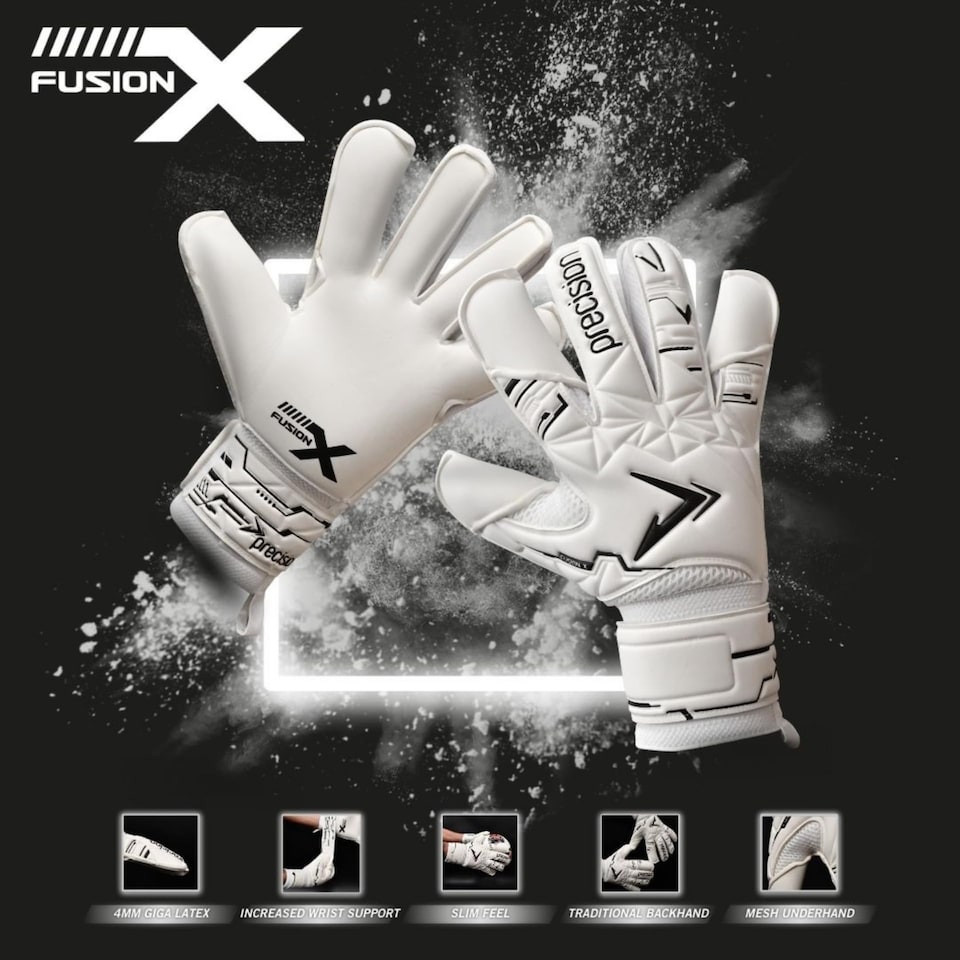 image 1 of Precision Fusion X Pro Classic Hybrid Giga Goalkeeper Gloves, 4mm Giga Latex, Hybrid Cut, Enhanced Wrist Support, Breathable Mesh, White Black, 7