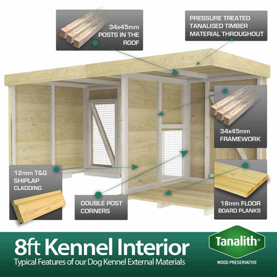 image 1 of 8ft x 4ft Dog Kennel and Run - Wood - L127 x W243 x H127 cm