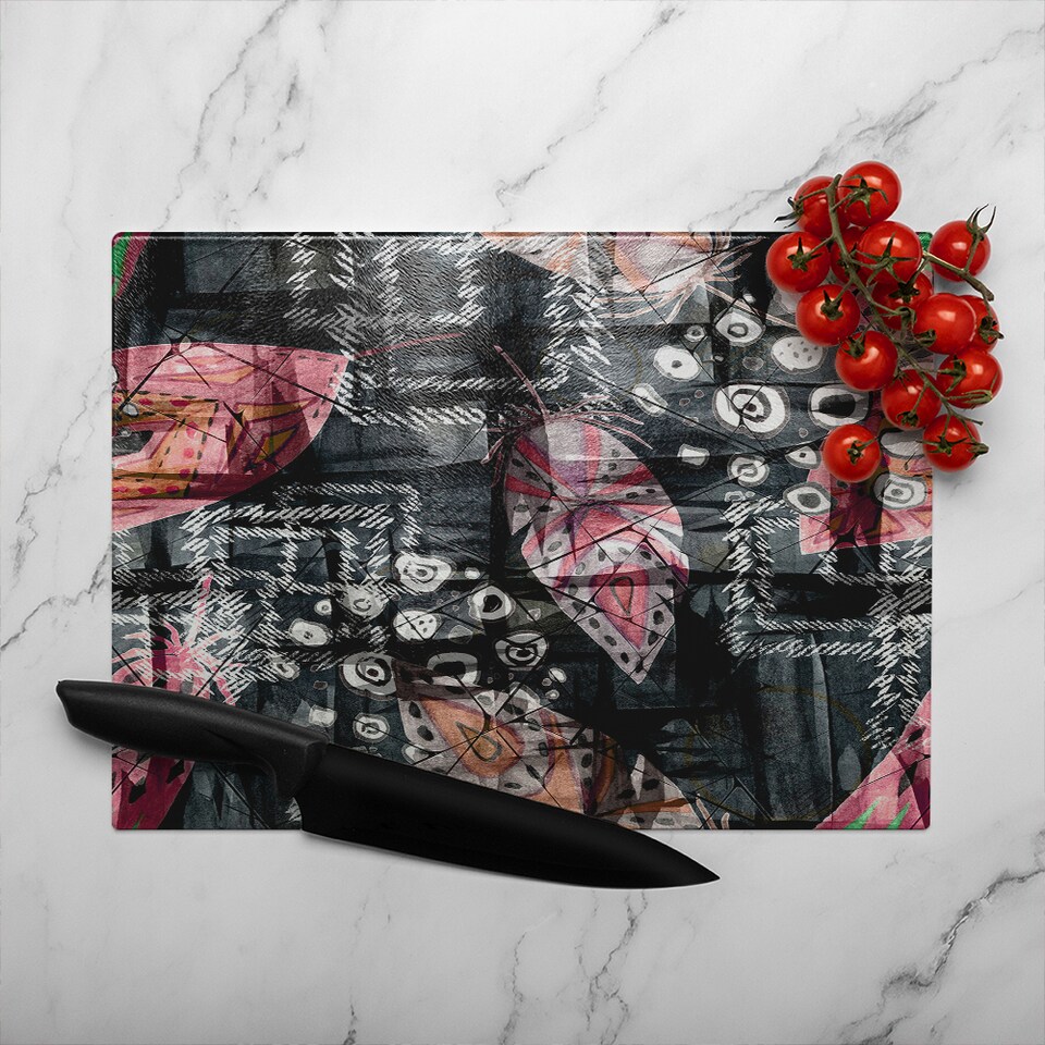 image 1 of Boho Pattern With Feathers Glass Chopping Board | Multi
